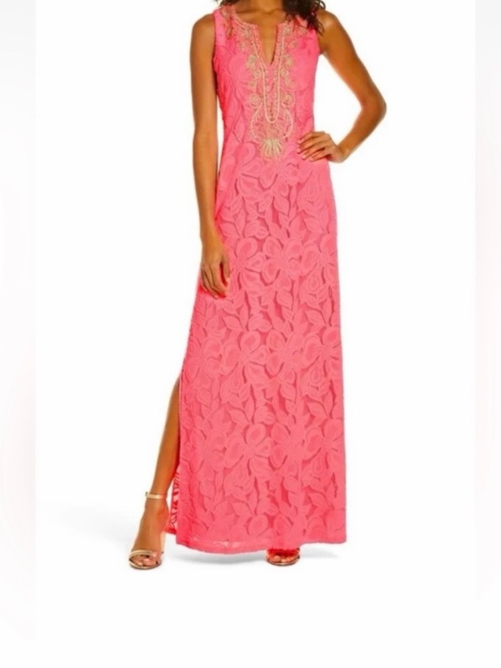 Lilly Pulitzer Carlotta Maxi Dress Coral Pink Lace with Embroidered Front